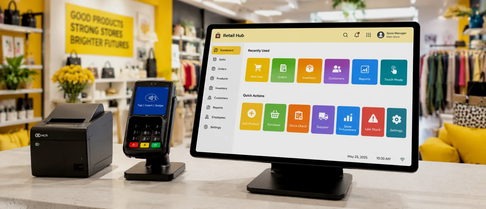 Point-of-sale terminal and card reader on the checkout counter of a bright specialty retail store