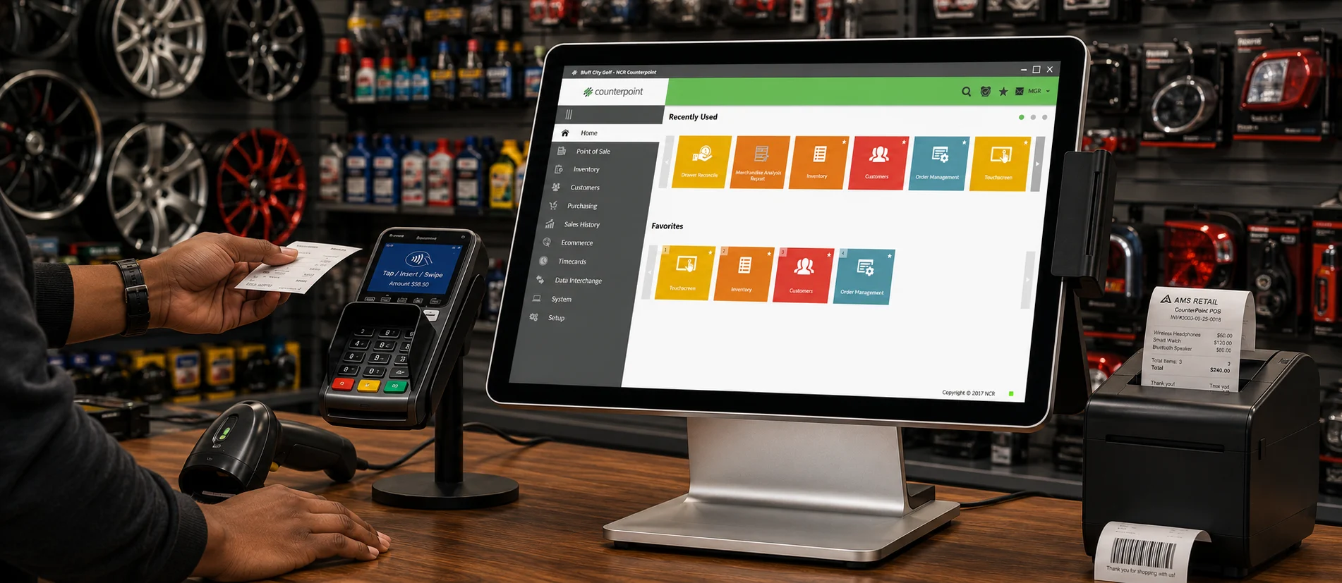 NCR Voyix Counterpoint POS terminal at an automotive accessories store checkout counter