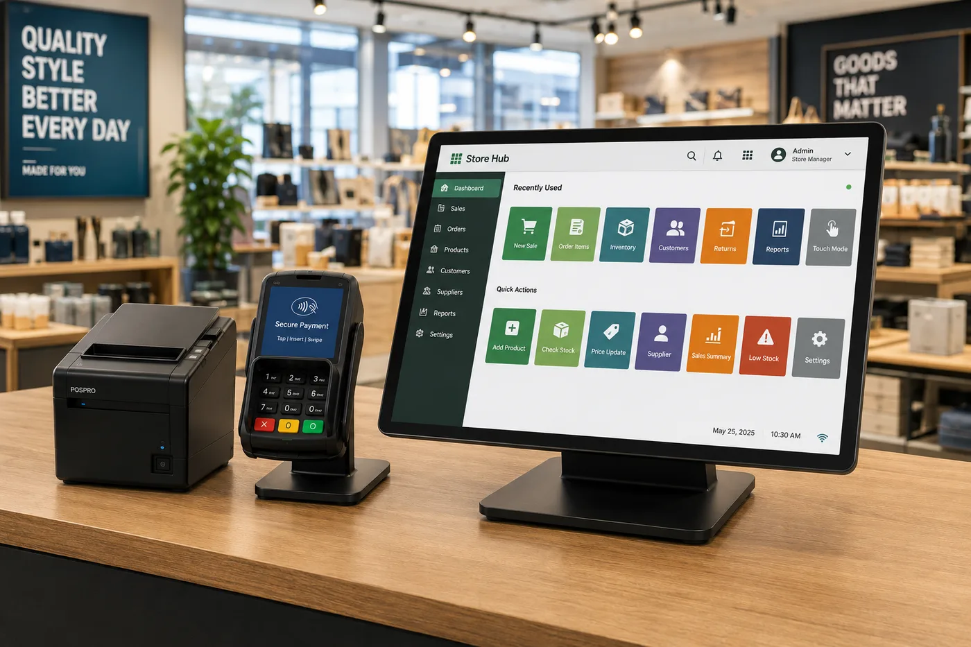 Point-of-sale terminal, card reader and receipt printer on the counter of a specialty retail store