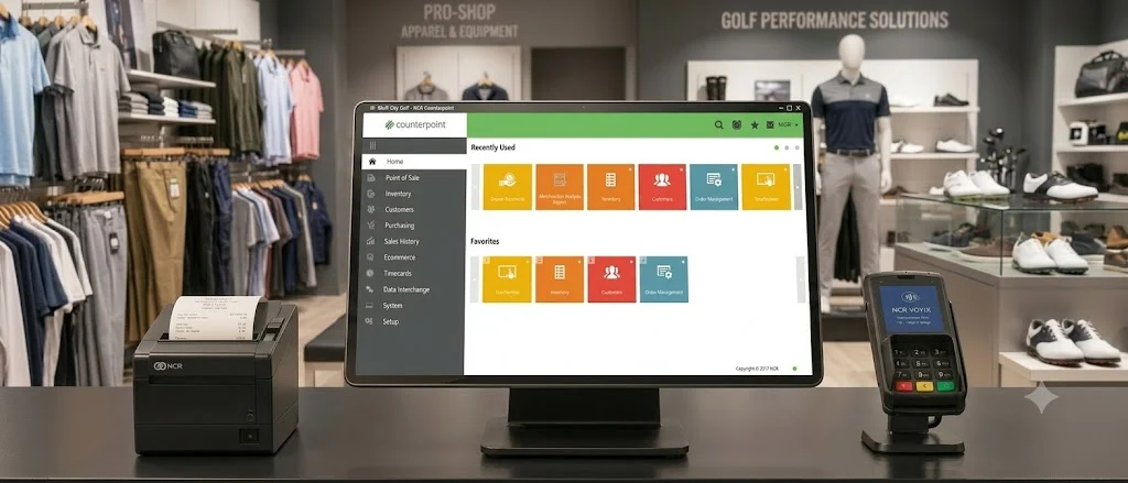 NCR Voyix Counterpoint POS terminal in a golf pro shop retail store