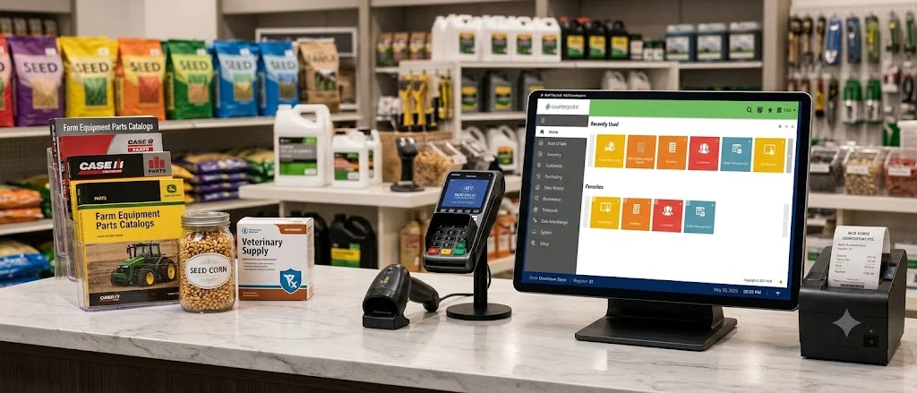 Counterpoint POS terminal at a farm and agriculture supply store counter