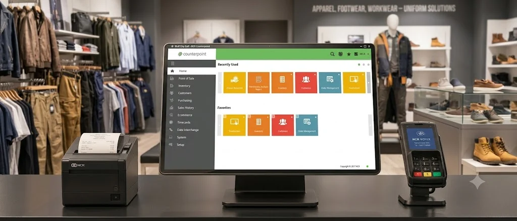 Counterpoint POS terminal at an apparel, footwear and workwear store checkout