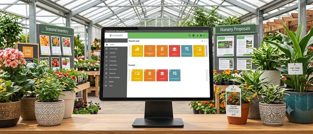 AMS Garden Center POS running on a Counterpoint terminal in a greenhouse retail space
