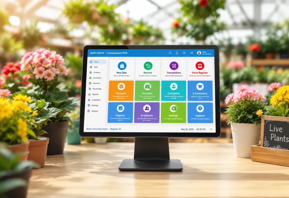 NCR Voyix Counterpoint POS dashboard running in a bright greenhouse garden center