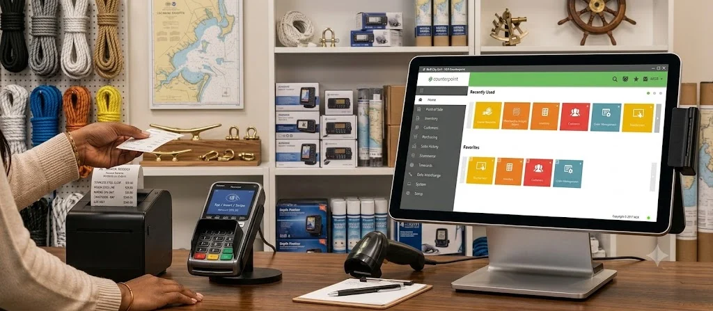Counterpoint POS terminal at a marine supply store checkout counter