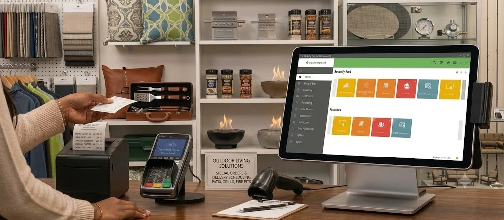 Counterpoint POS terminal at an outdoor living and patio retail counter