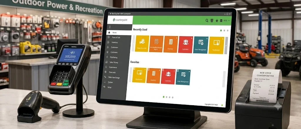 Counterpoint POS terminal at an outdoor power equipment and recreation dealership counter