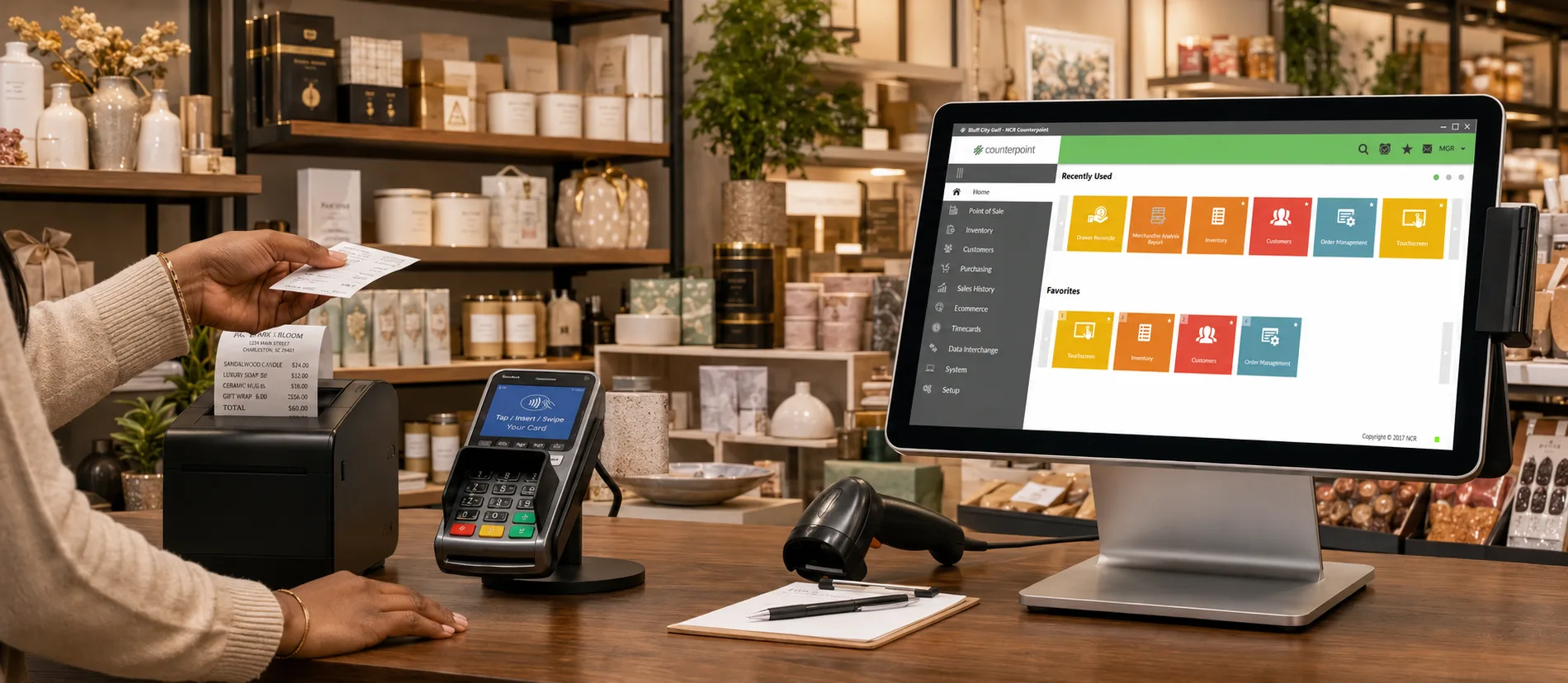 NCR Counterpoint POS terminal at a specialty retail checkout counter with payment terminal and barcode scanner
