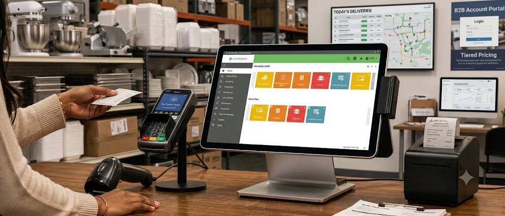 Counterpoint POS terminal at a restaurant equipment supply distribution counter