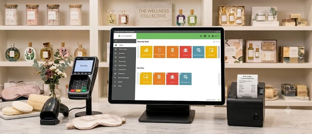 Counterpoint POS terminal at a wellness and beauty retail checkout counter