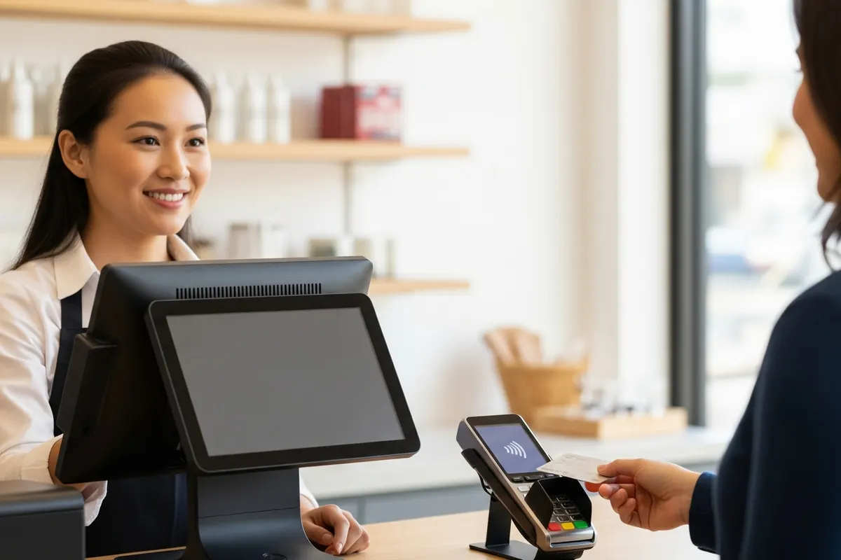 Customer tapping a card on a contactless reader while a cashier rings up the sale on a touchscreen POS