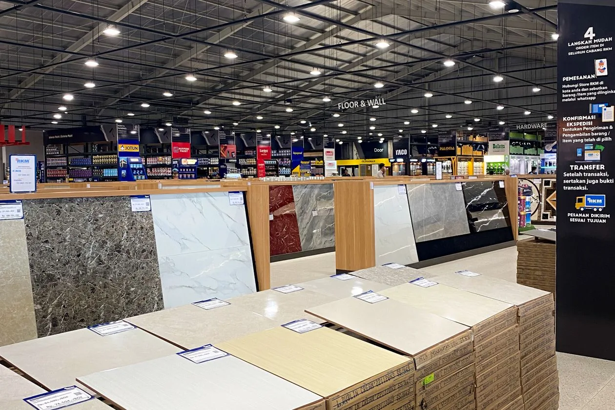 Flooring store showroom with tile and stone samples on display