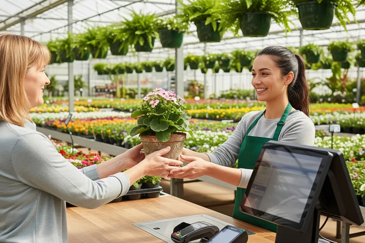 Customer handing a potted plant across the checkout counter to a garden centre clerk at the register