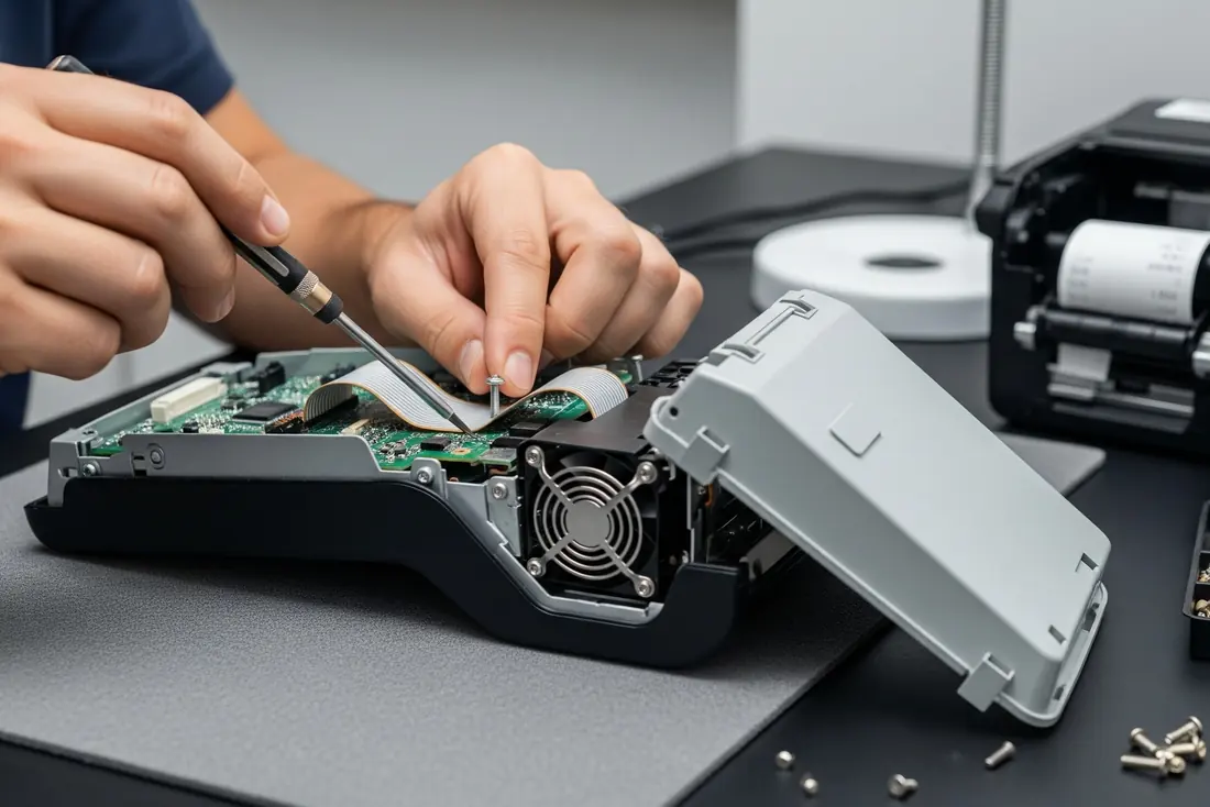Technician disassembling a POS terminal at a workbench, its cover removed to expose the circuit board