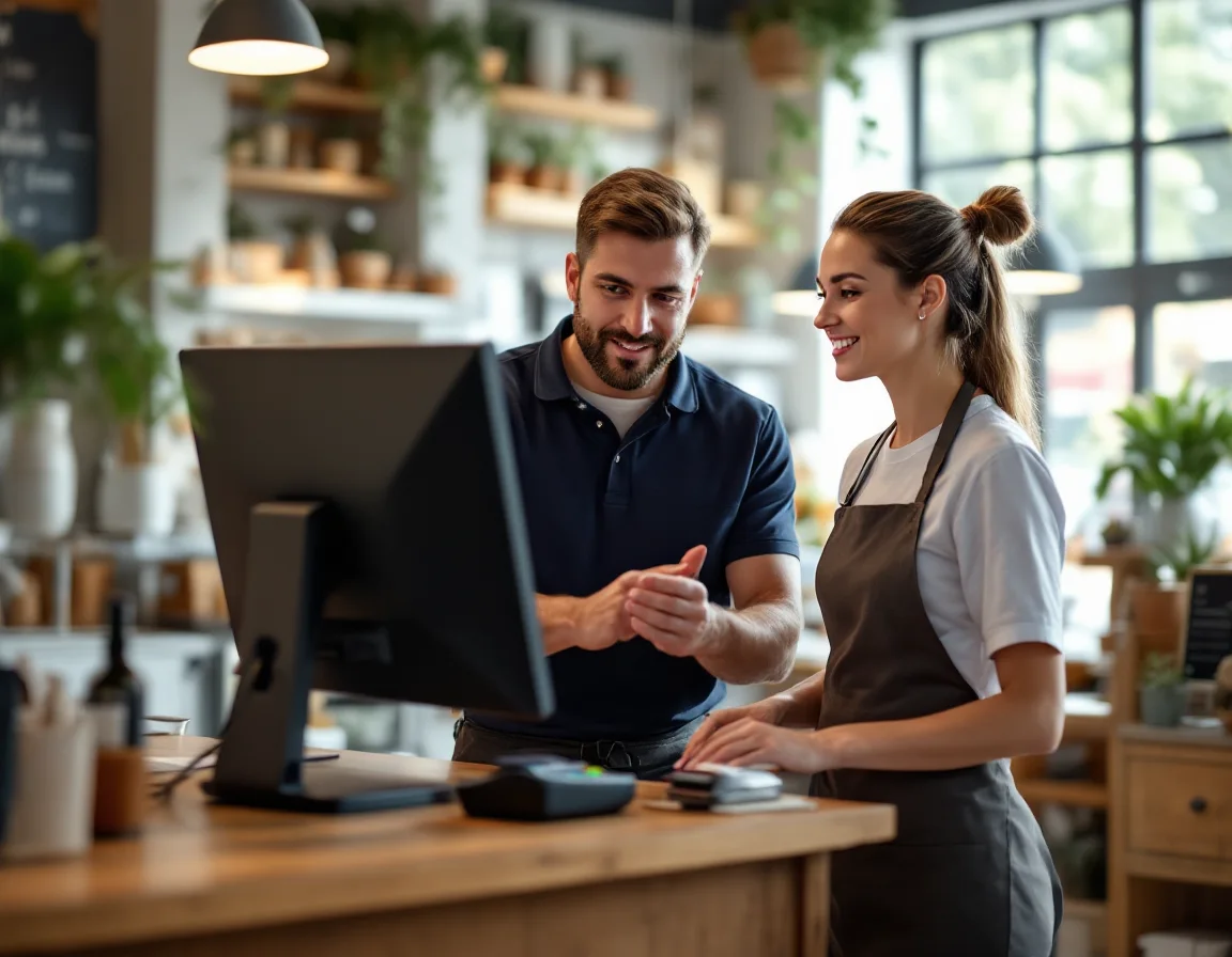 Technician walking a store employee through a newly installed POS terminal at the checkout counter