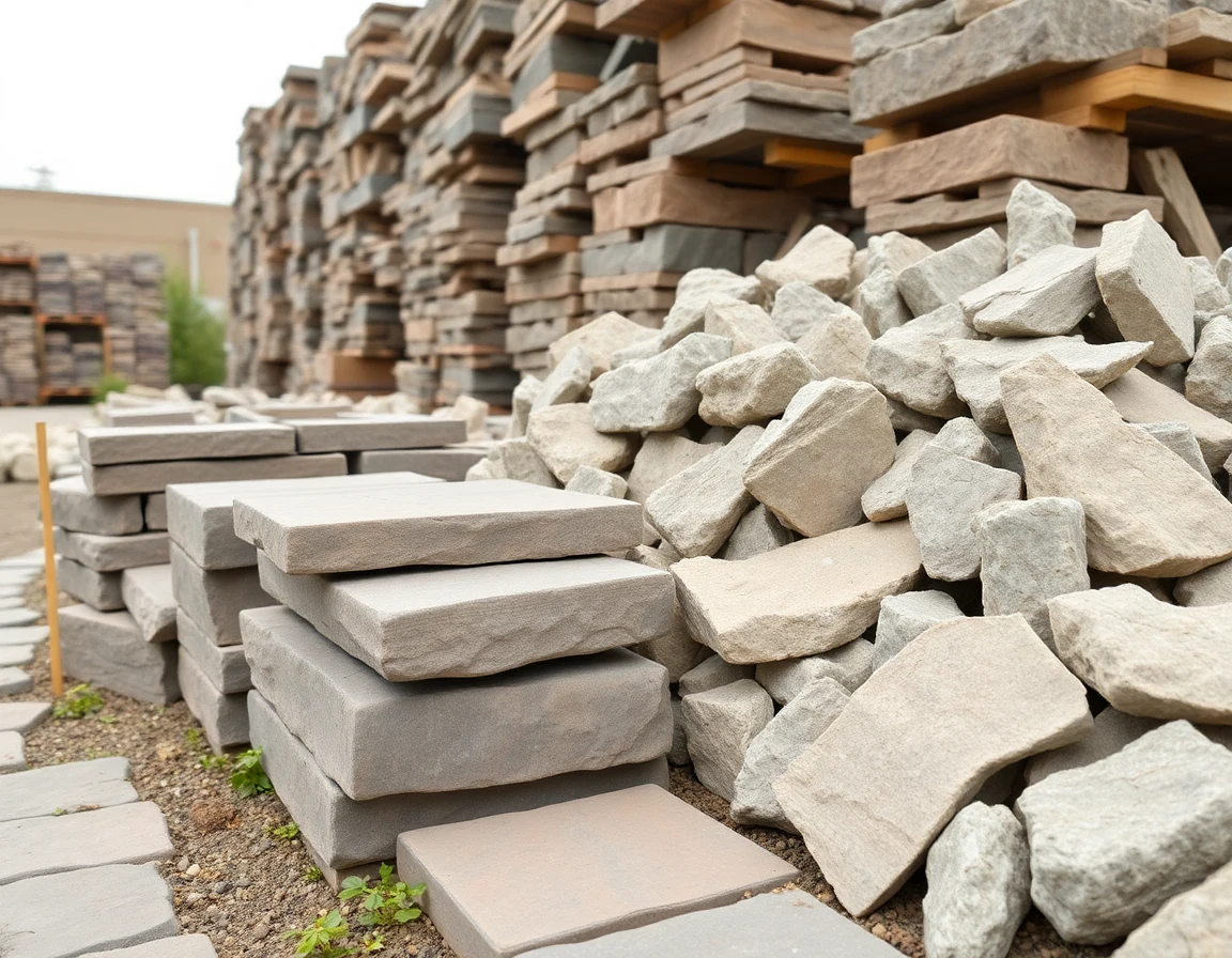 Stacked pavers and natural stone at a landscape supply yard