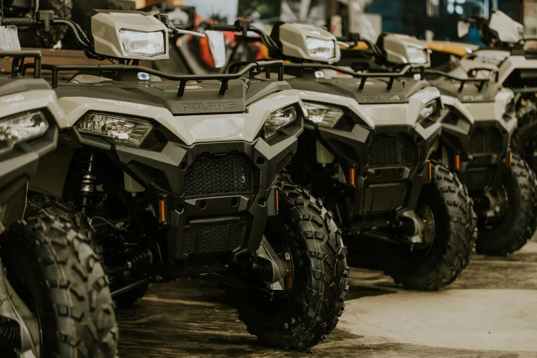 ATV and utility vehicles at an outdoor power dealership