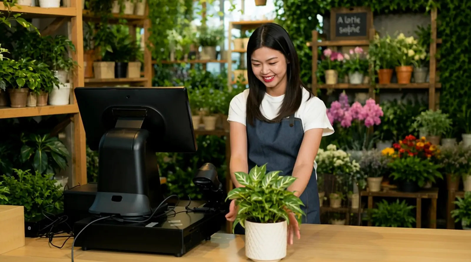 A smiling plant shop clerk scanning a potted plant at a POS counter